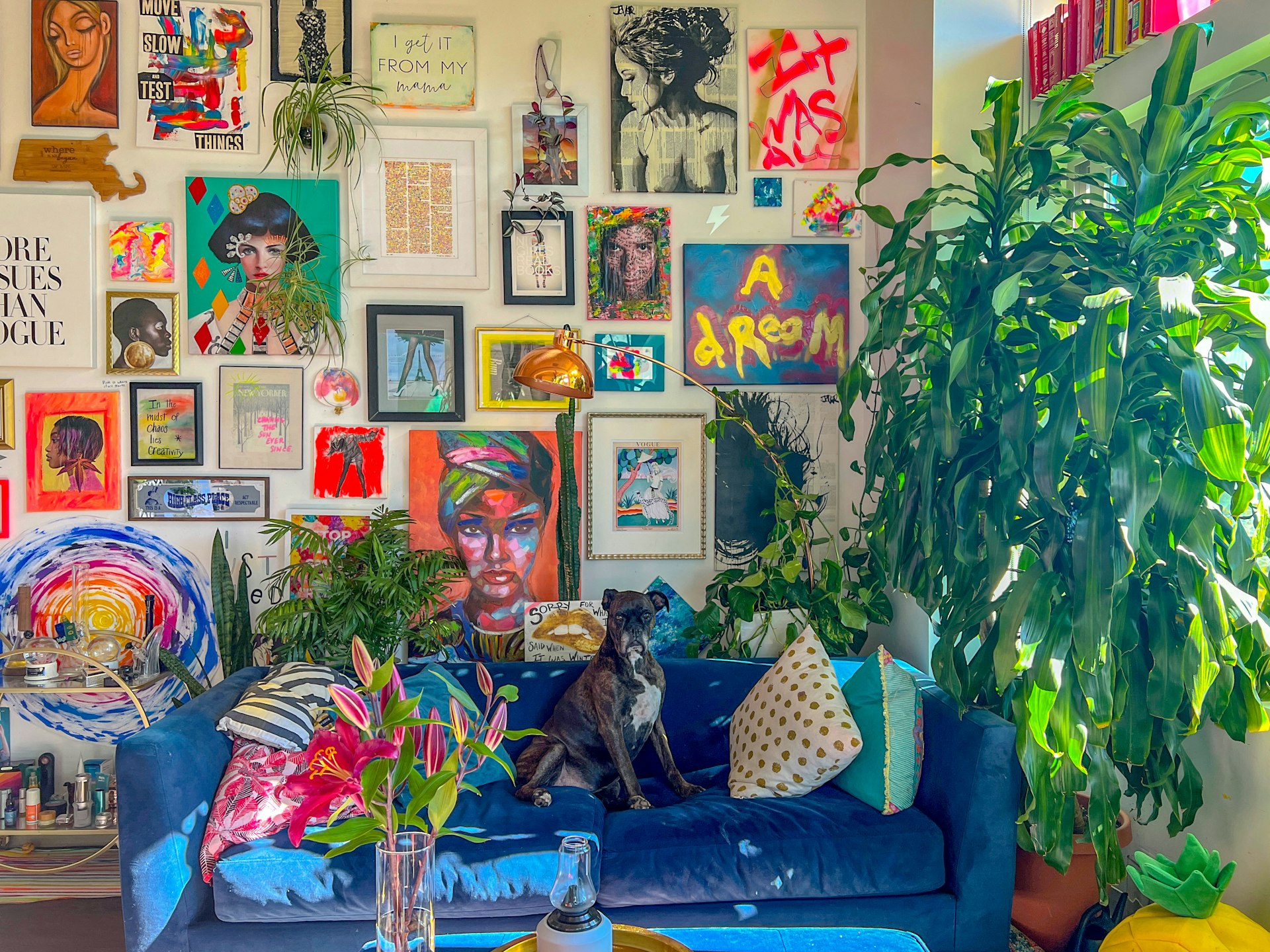 a living room with a blue couch and lots of pictures on the wall